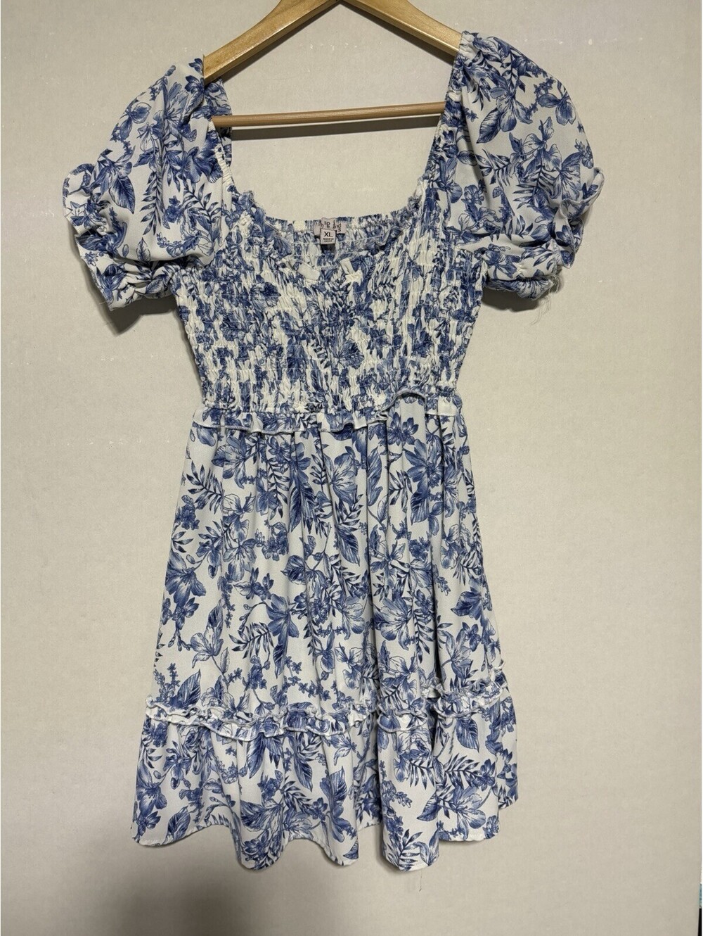 Inspire Me Blue White Floral Smocked Square Neck Puff Sleeve Mini Dress XL